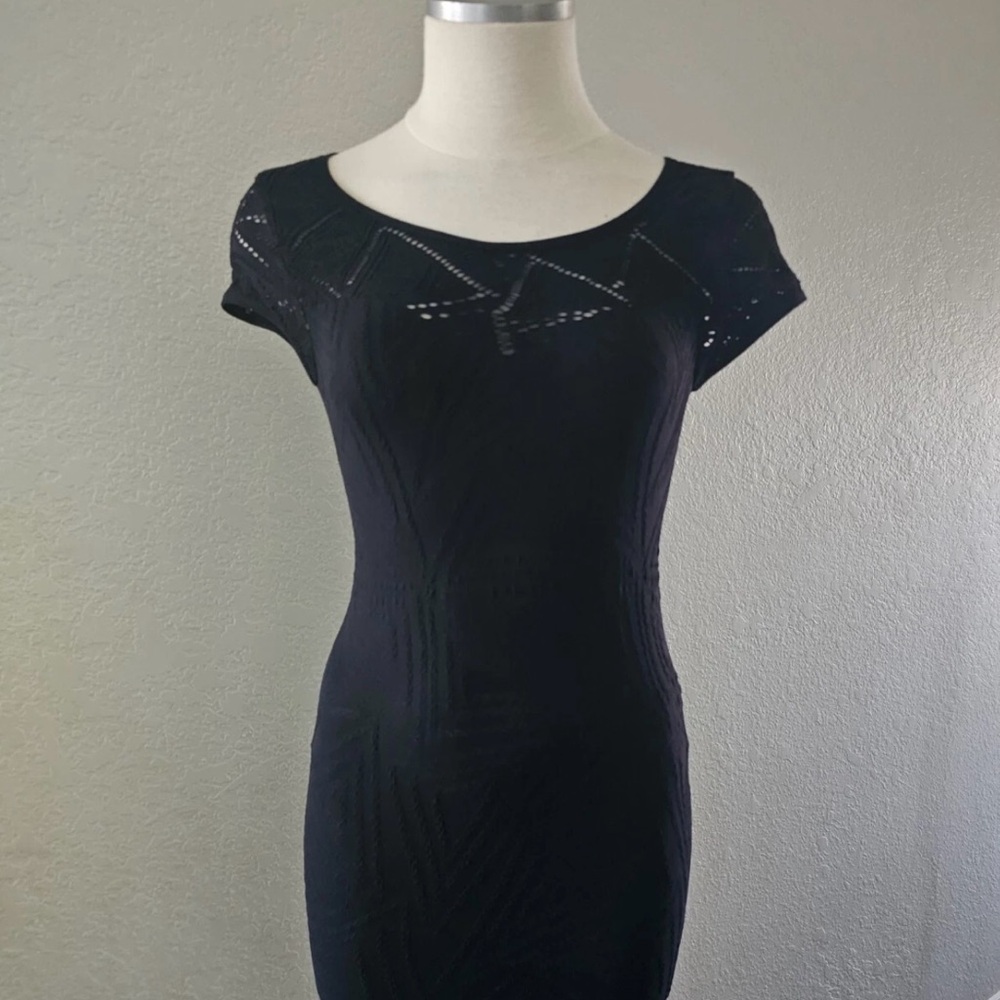 bebe Black geometric eyelet pattern lace bodycon mini dress